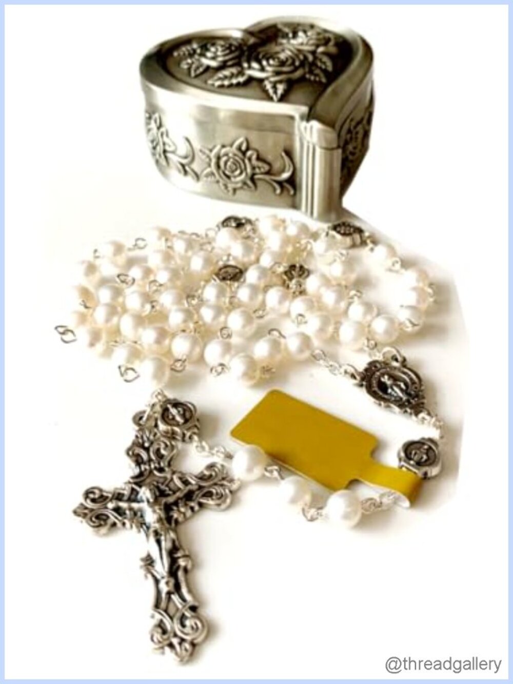 Handmade AAA 6MM Real Pearl Rosary Cross Necklace Metal Plated Silver